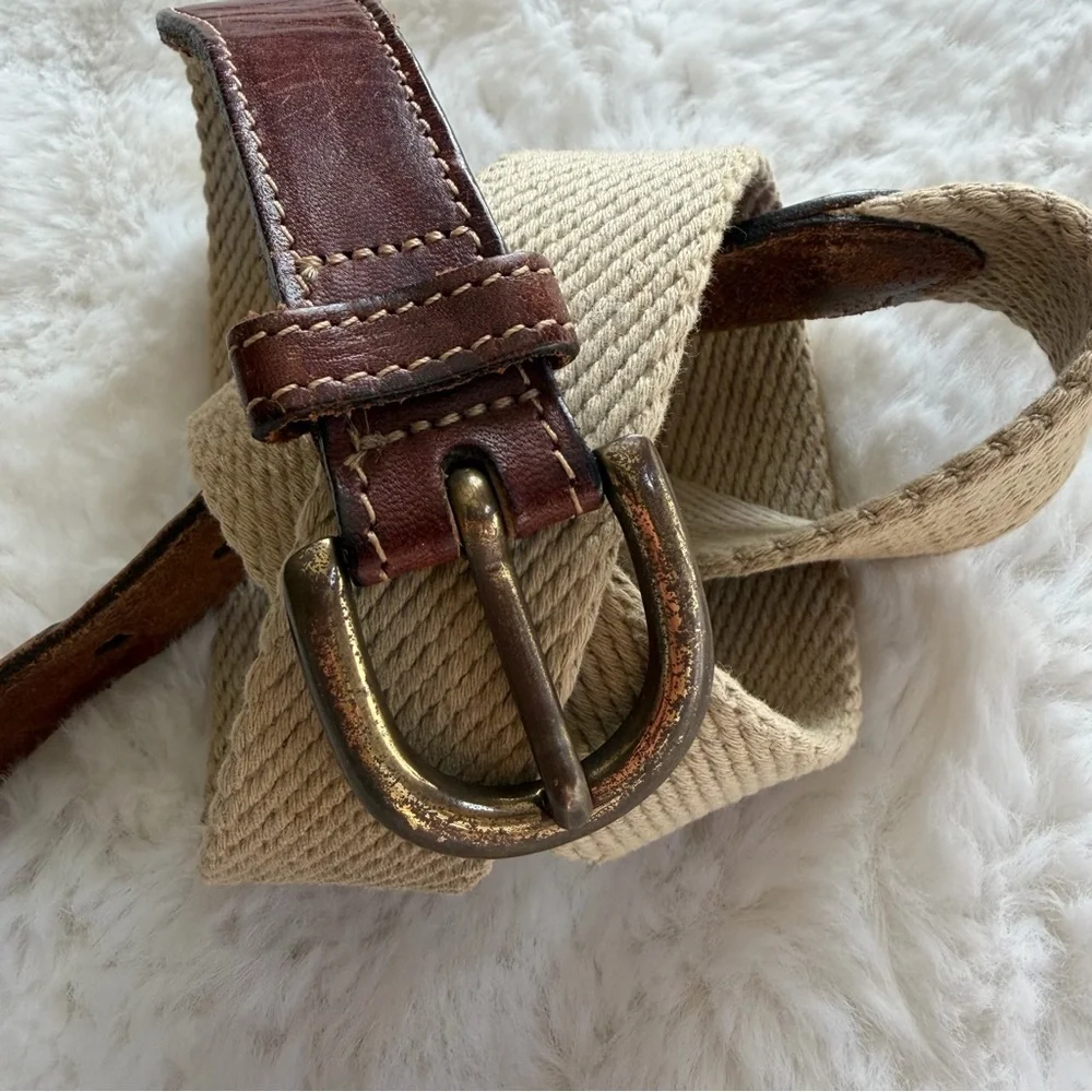 Vintage 1970s Dooney & Bourke Leather & Khaki Woven Belt Solid Brass Buckle